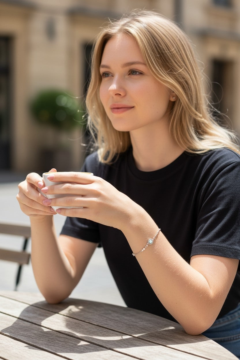 Bracelet galaxie lune — Argent pur S999, zircon & plaqué platine