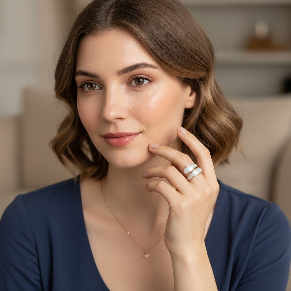 Bague Nacre Ajustable – Acier Plaqué Or 18K