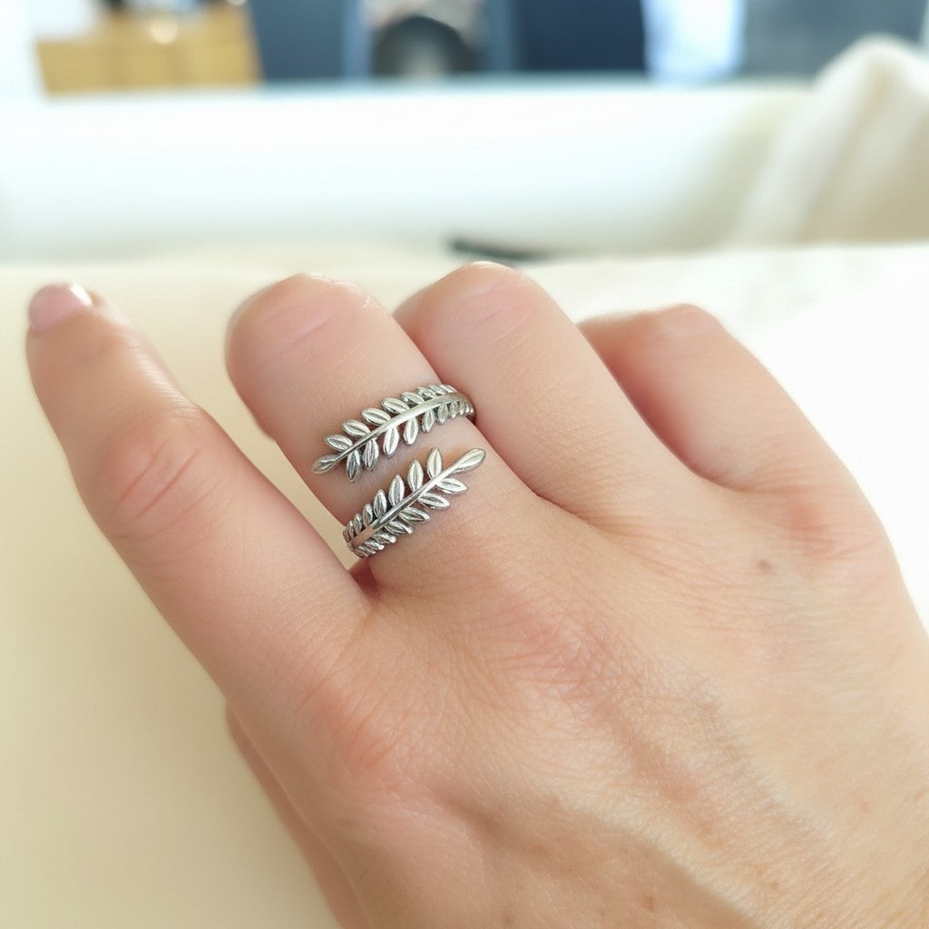Bague Feuillage Acier Inoxydable – Ajustable