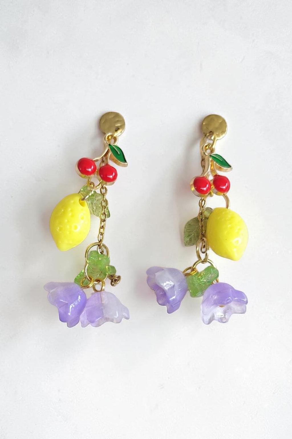 Boucles d'oreilles pendantes cerises, citron & fleurs – acier inoxydable