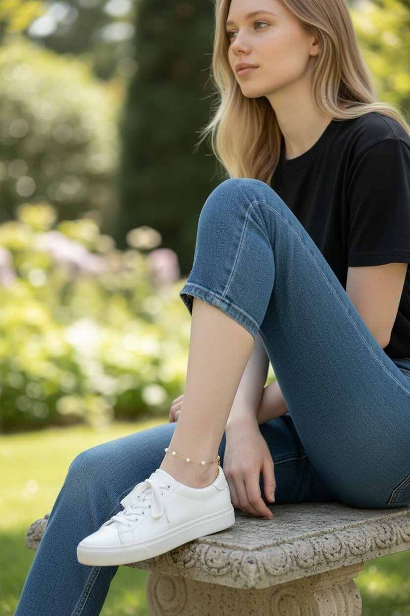 Bracelet de Cheville Perle & Acier – Plaqué Or 14K