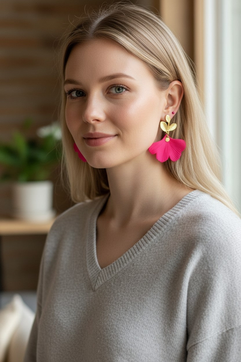 Boucles d'oreilles clou ginkgo acrylique léger coloré acier inoxydable artisanal – Les Éclats de Mel