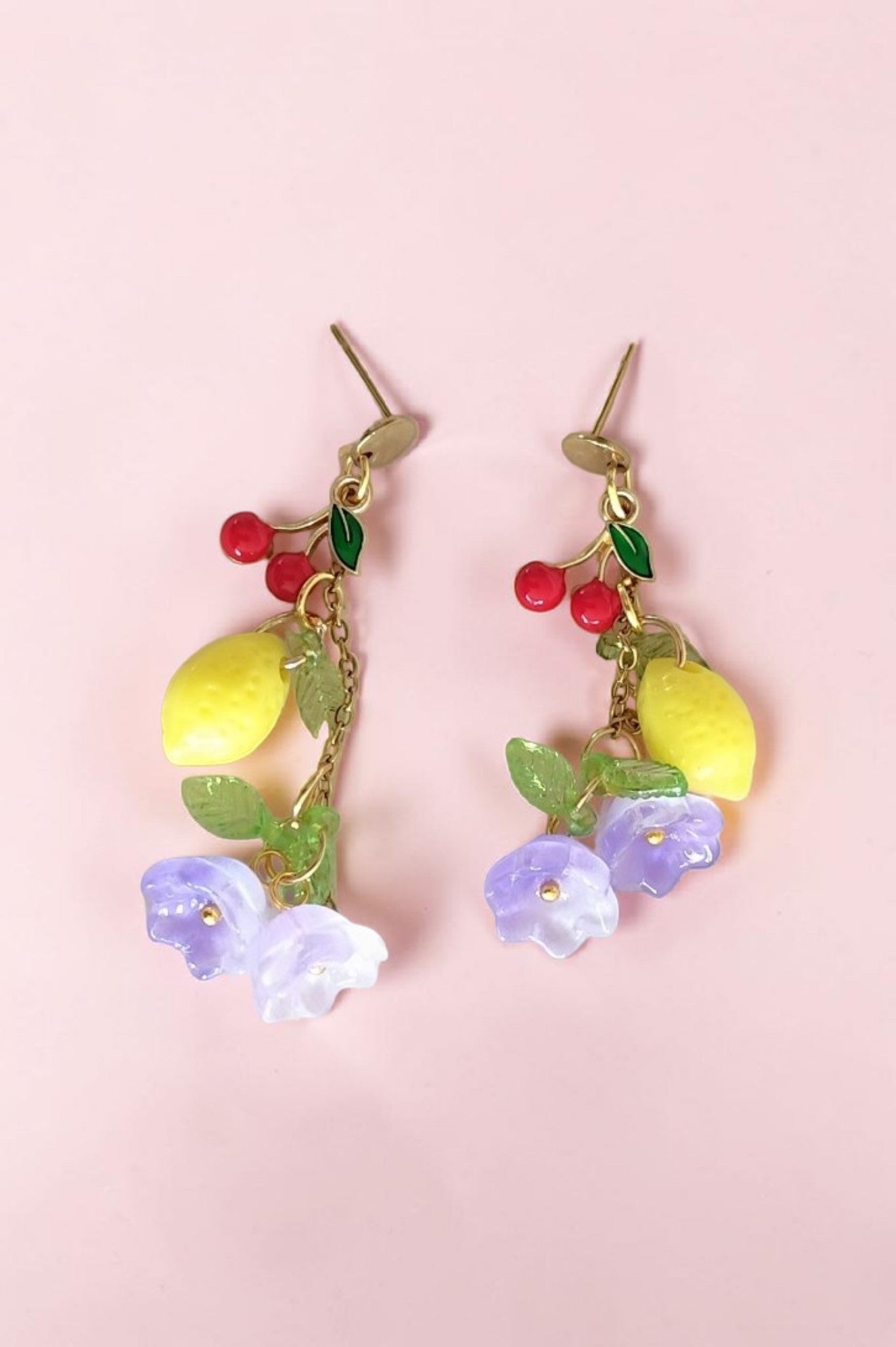 Boucles d'oreilles pendantes cerises, citron & fleurs – acier inoxydable