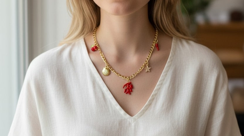 Collier coquillages naturels corail rouge acier inoxydable doré réglable artisanal – Les Éclats de Mel