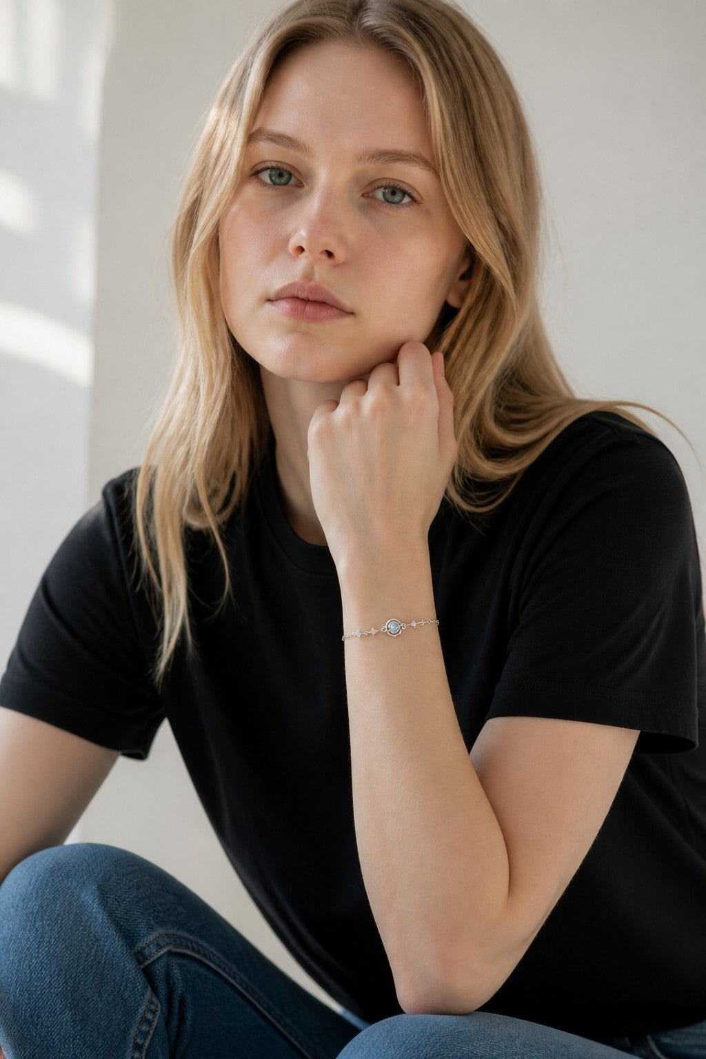 Bracelet galaxie lune — Argent pur S999, zircon & plaqué platine